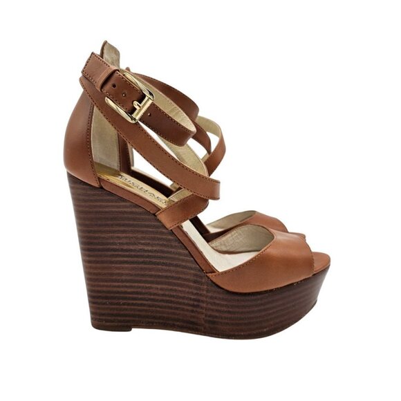 Michael Kors Gabriella Leather Wedge Sandals, Tan brown, Size 5.5 - Picture 3 of 13